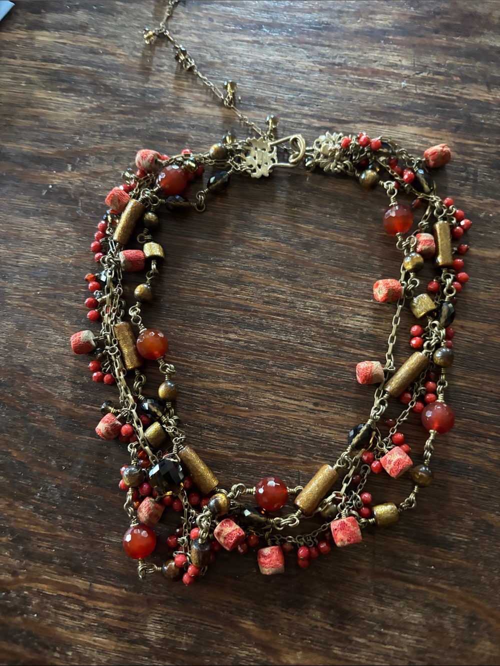 Stephen Dweck Multi-Strand Coral Red and Antique Gold Necklace